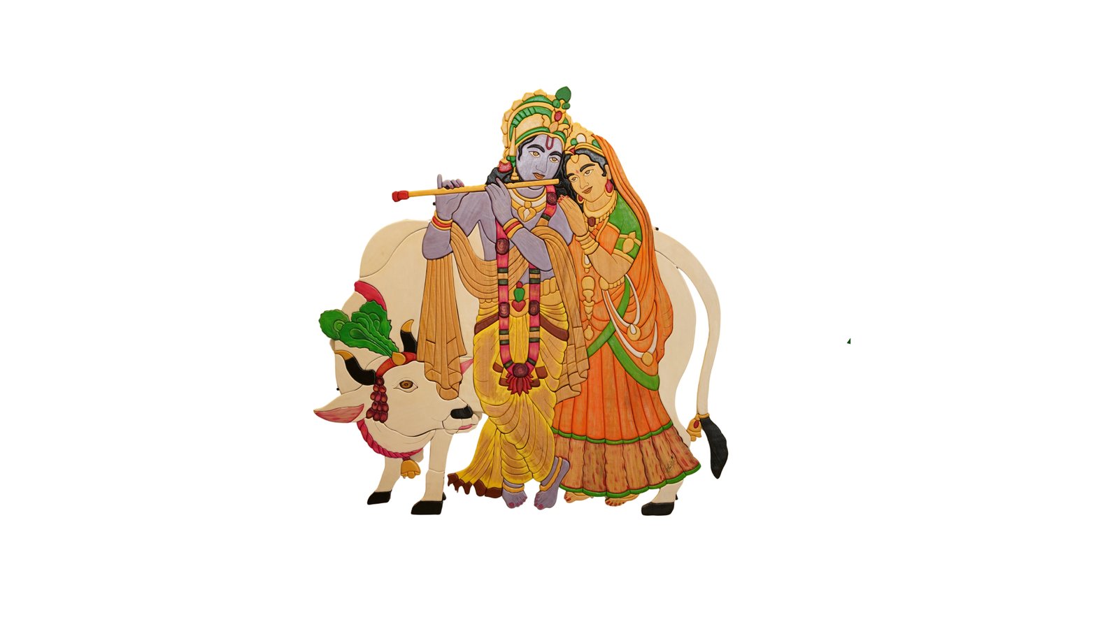 Krishna Radha with Kamadhenu - Divine Love and Sacred Cow Wooden Carving